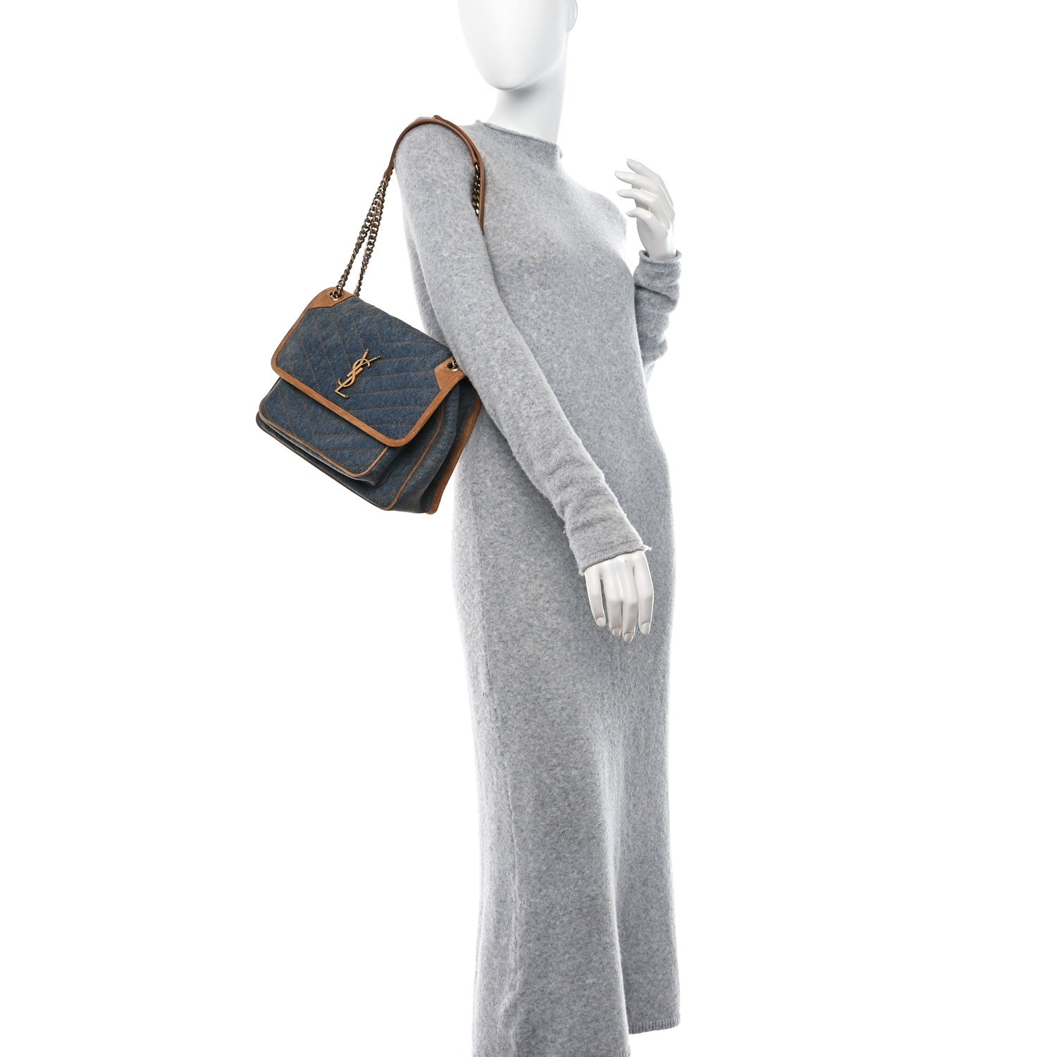 Saint Laurent Denim Suede Monogram Medium Niki Chain Satchel Blue Cinnamon 2 of 9
