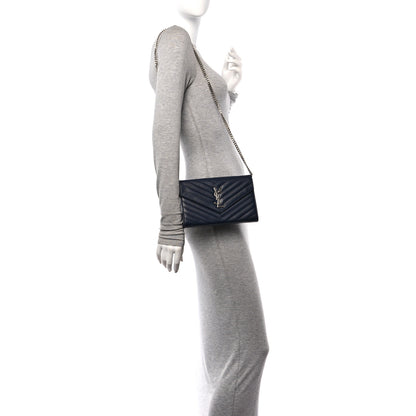 Saint Laurent Grain De Poudre Matelasse Chevron Monogram Chain Wallet Deep Marine 2 of 10