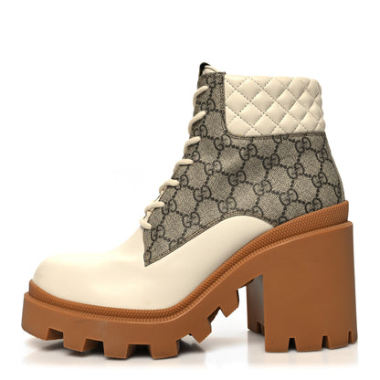 Gucci Calfskin GG Supreme Monogram Nappa Quilted Lace Up Ankle Boots 42 Mystic White Beige 1 of 10