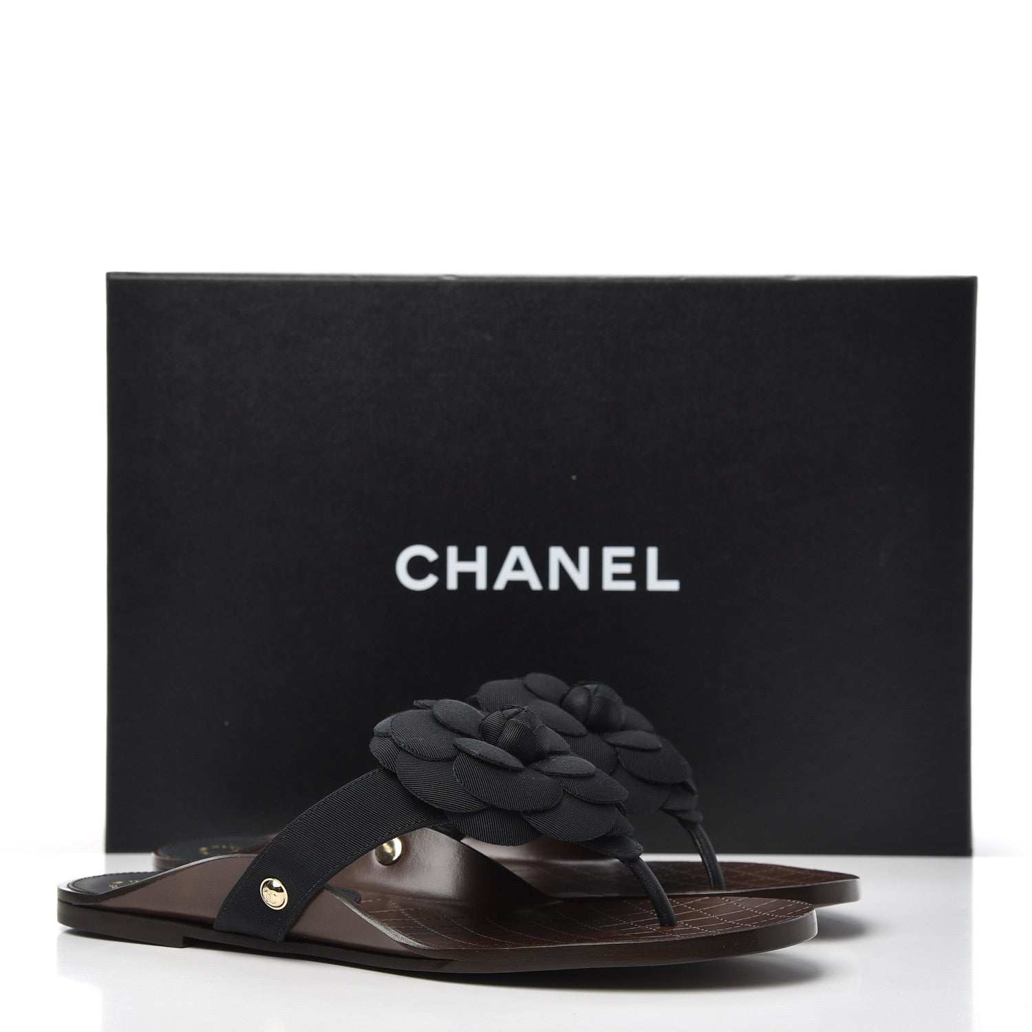 Chanel Grosgrain Camellia Thong Sandals 37 Black 9 of 9