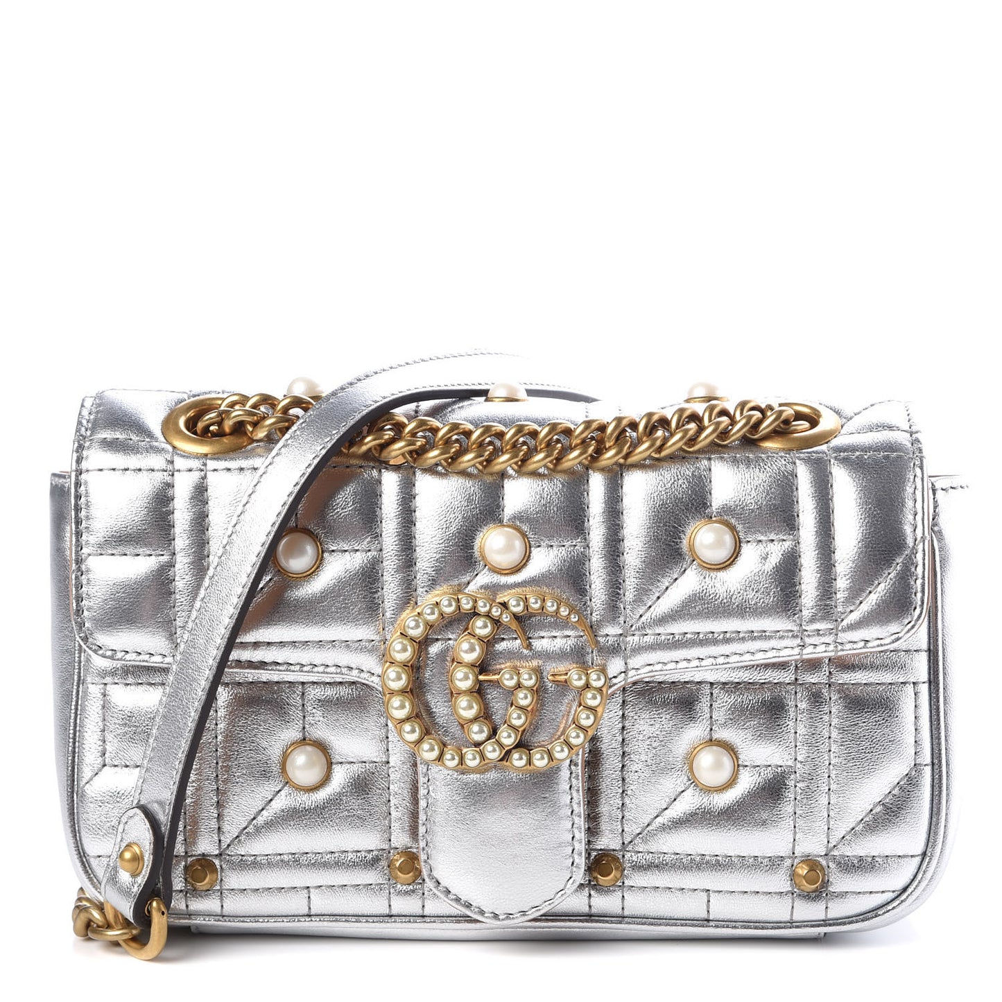 Metallic Calfskin Matelasse Studded Mini Pearly GG Marmont Shoulder Bag Silver