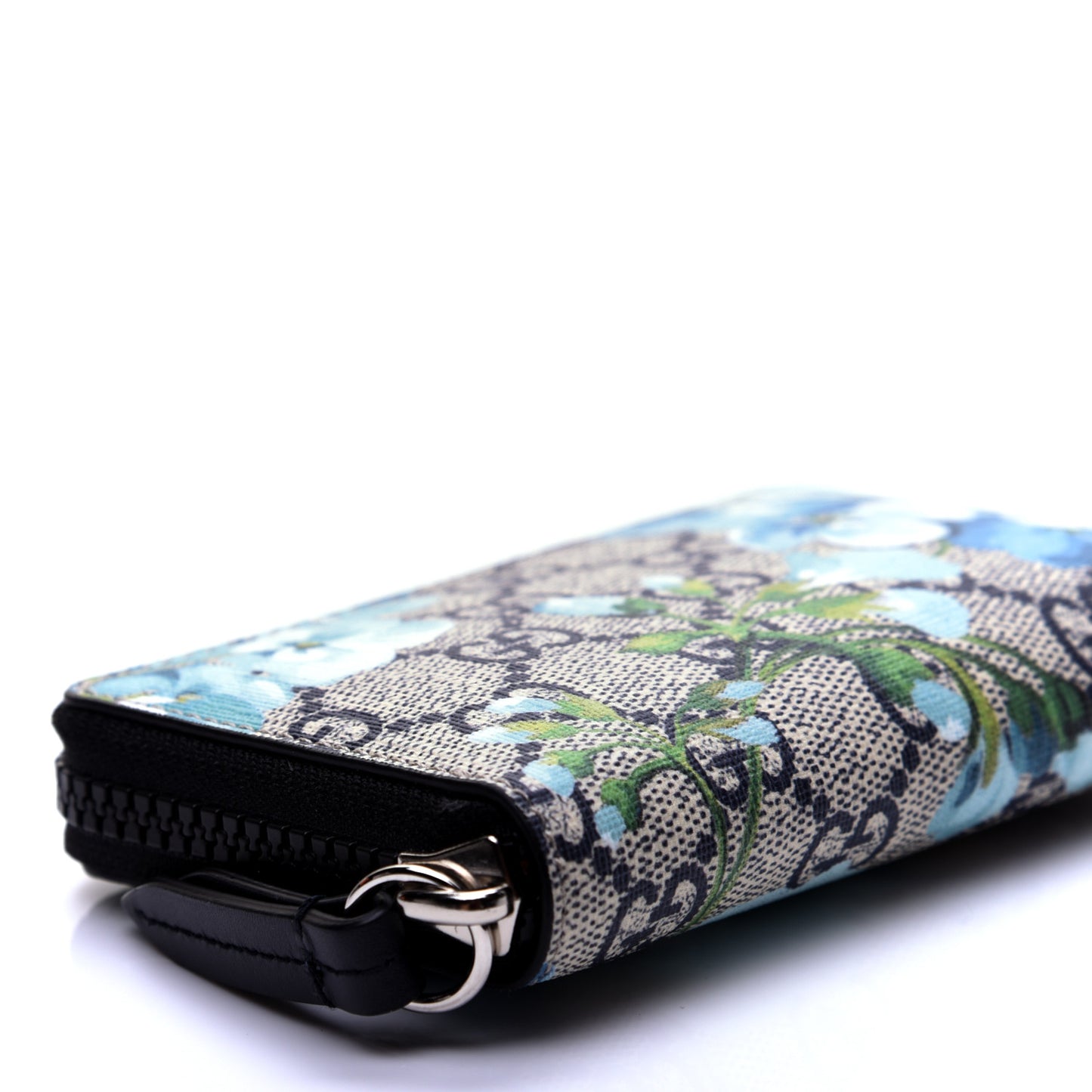 GG Supreme Monogram Blooms Zip Around Card Case Wallet Beige Blue Navy