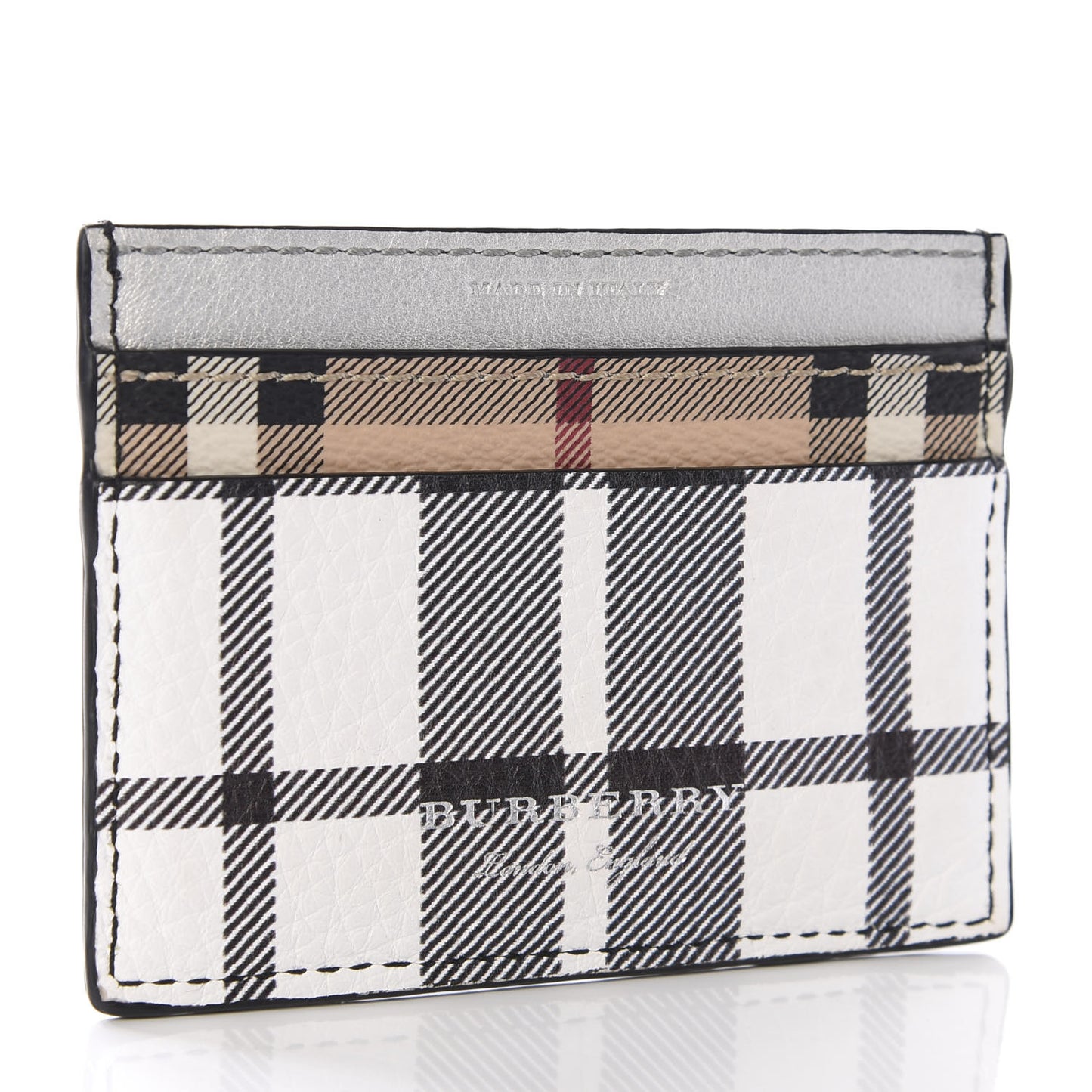 Calfskin Haymarket Check Cat Applique Card Case Black White