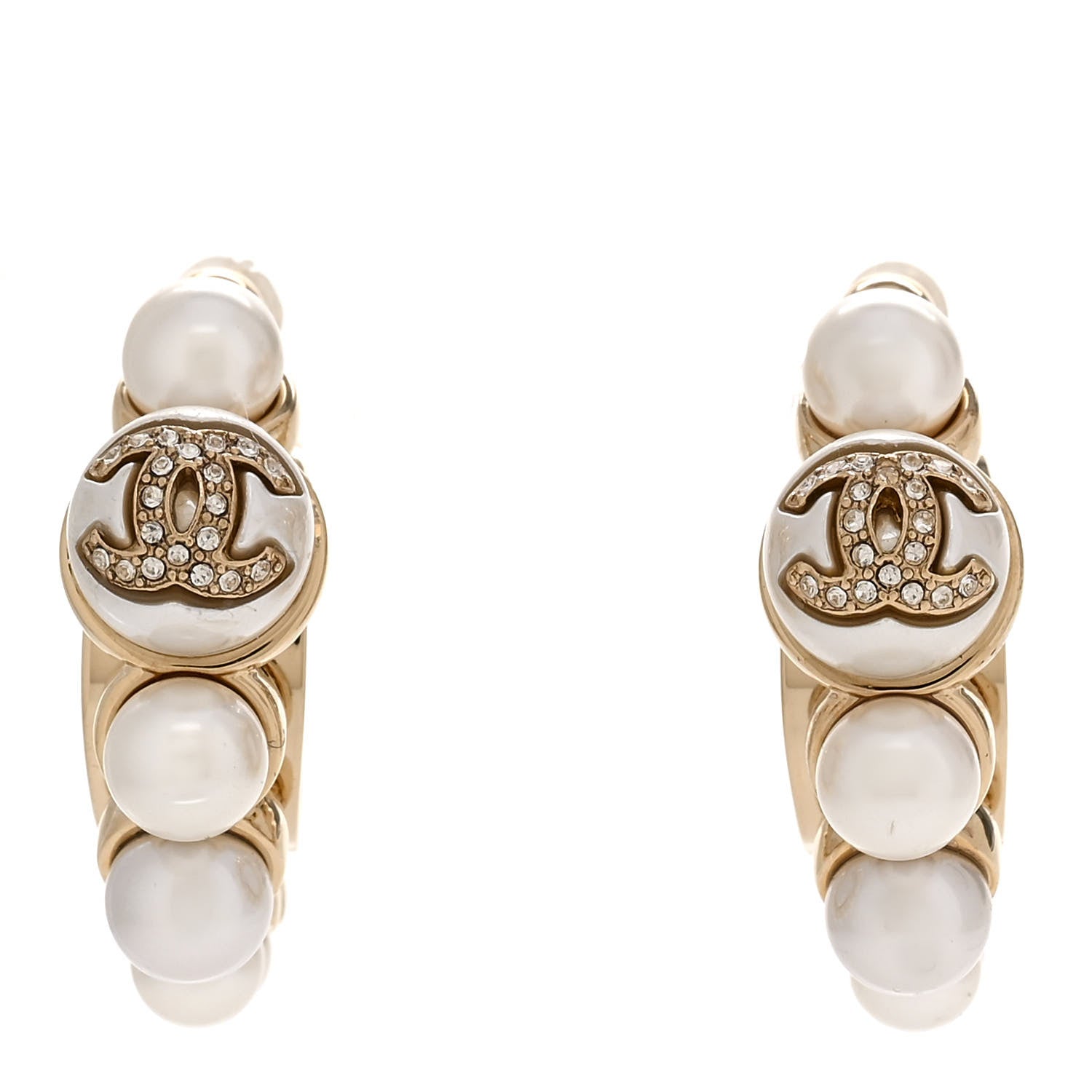 Chanel Pearl Crystal CC Hoop Earrings Gold 1 of 5