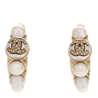 Chanel Pearl Crystal CC Hoop Earrings Gold 1 of 5
