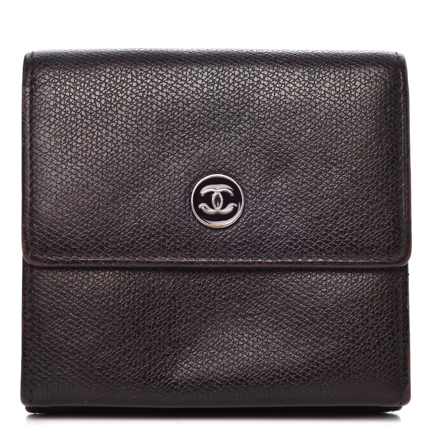 Grained Calfskin CC Button Compact Wallet Dark Brown
