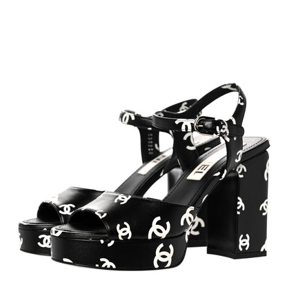 Chanel Printed Lambskin CC Platform Sandals 36 Black White 3 of 9