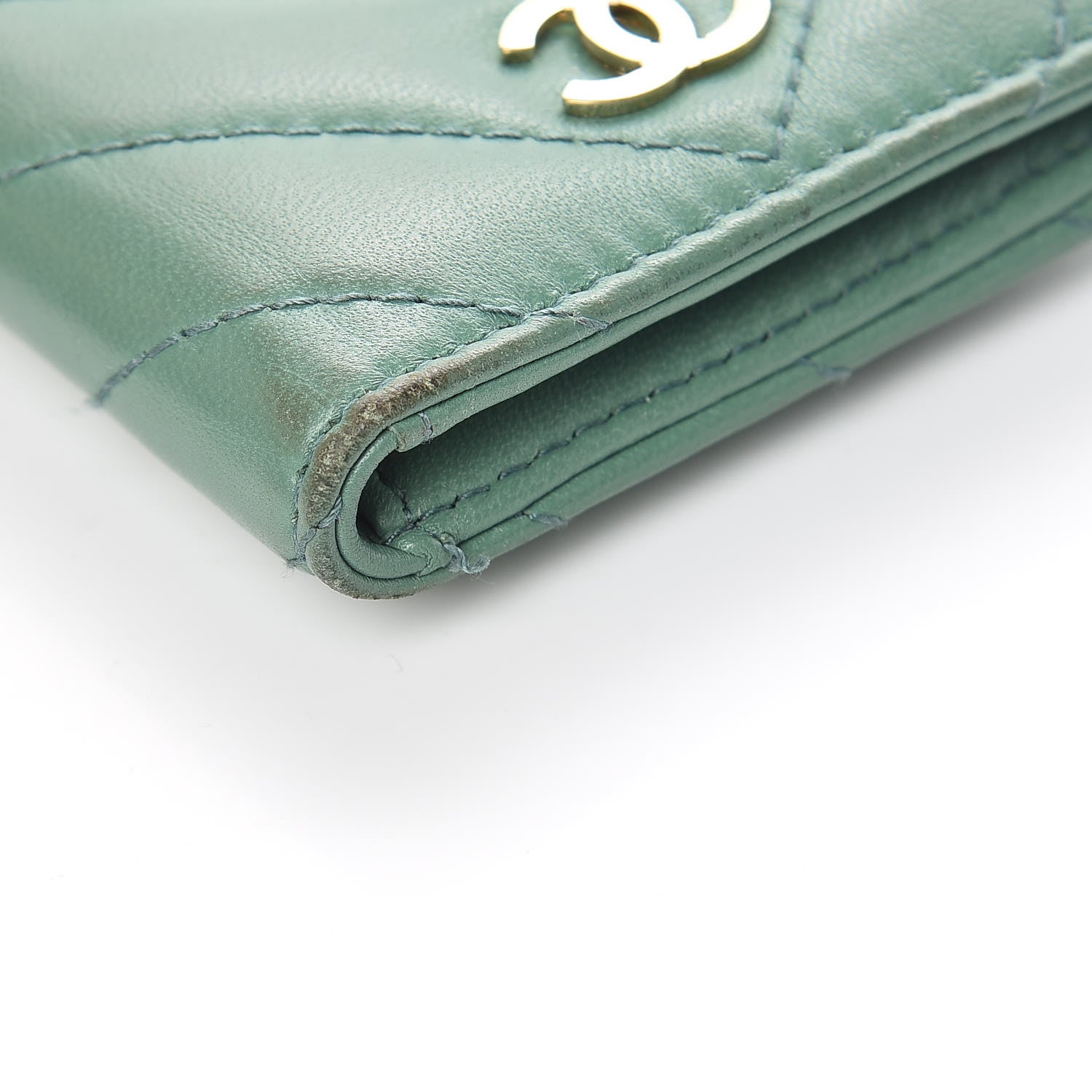 Chanel Lambskin Chevron Quilted Card Holder Wallet Green 11 of 17