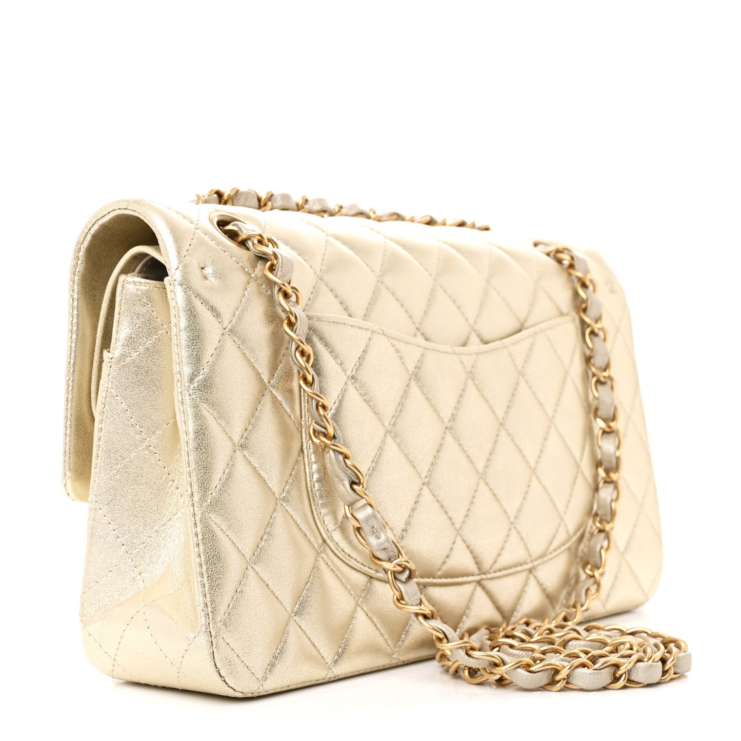 Metallic Lambskin Quilted Medium Double Flap Gold