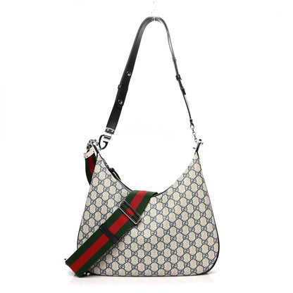 Gucci GG Supreme Monogram Textured Calfskin Web Large Attache Shoulder Bag Beige Blue 1 of 9