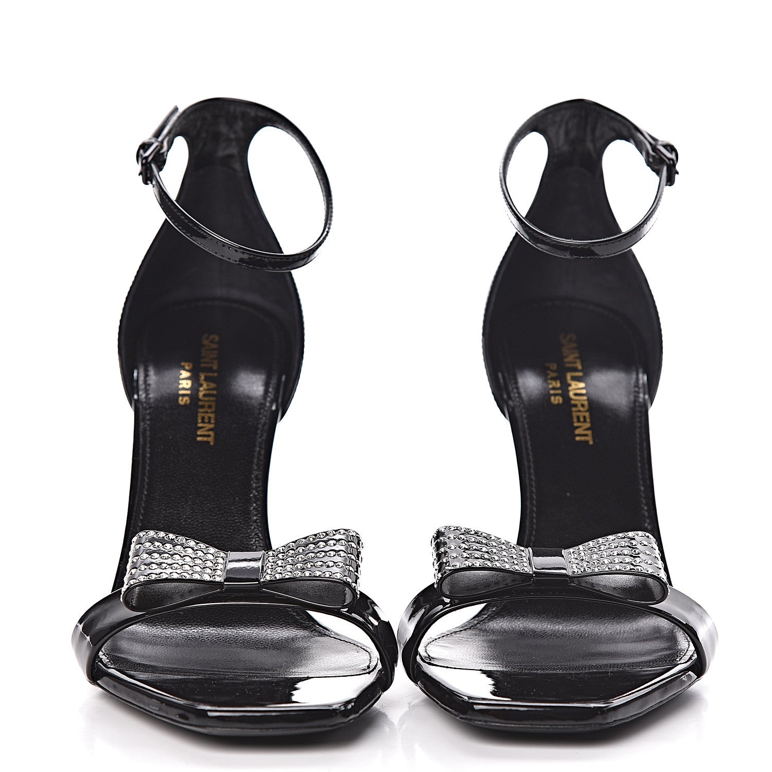 Saint Laurent Patent Calfskin Crystal Amber Bow 85 Ankle Strap Sandals 38 Black 2 of 10