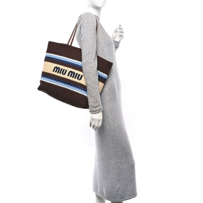 Miu Miu Raffia Crochet Stripe Tote Bag Cacao Celeste Natural 2 of 10