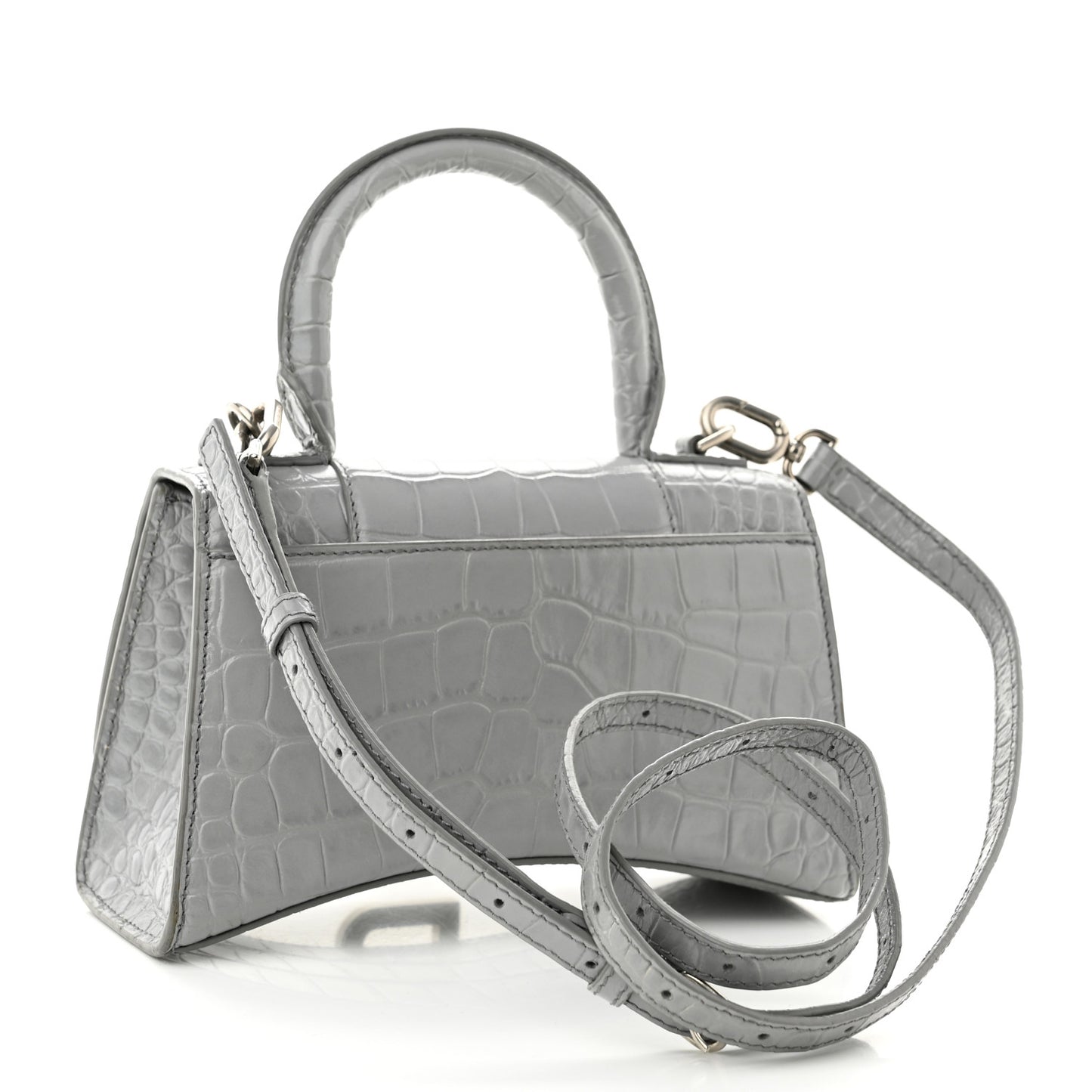 Shiny Calfskin Crocodile Embossed Hourglass Top Handle Bag XS Balenciaga Grey