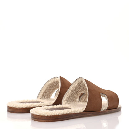 Hermes Suede Goatskin Shearling Mens Izmir Sandals 42.5 Marron Teck Ecru 4 of 10