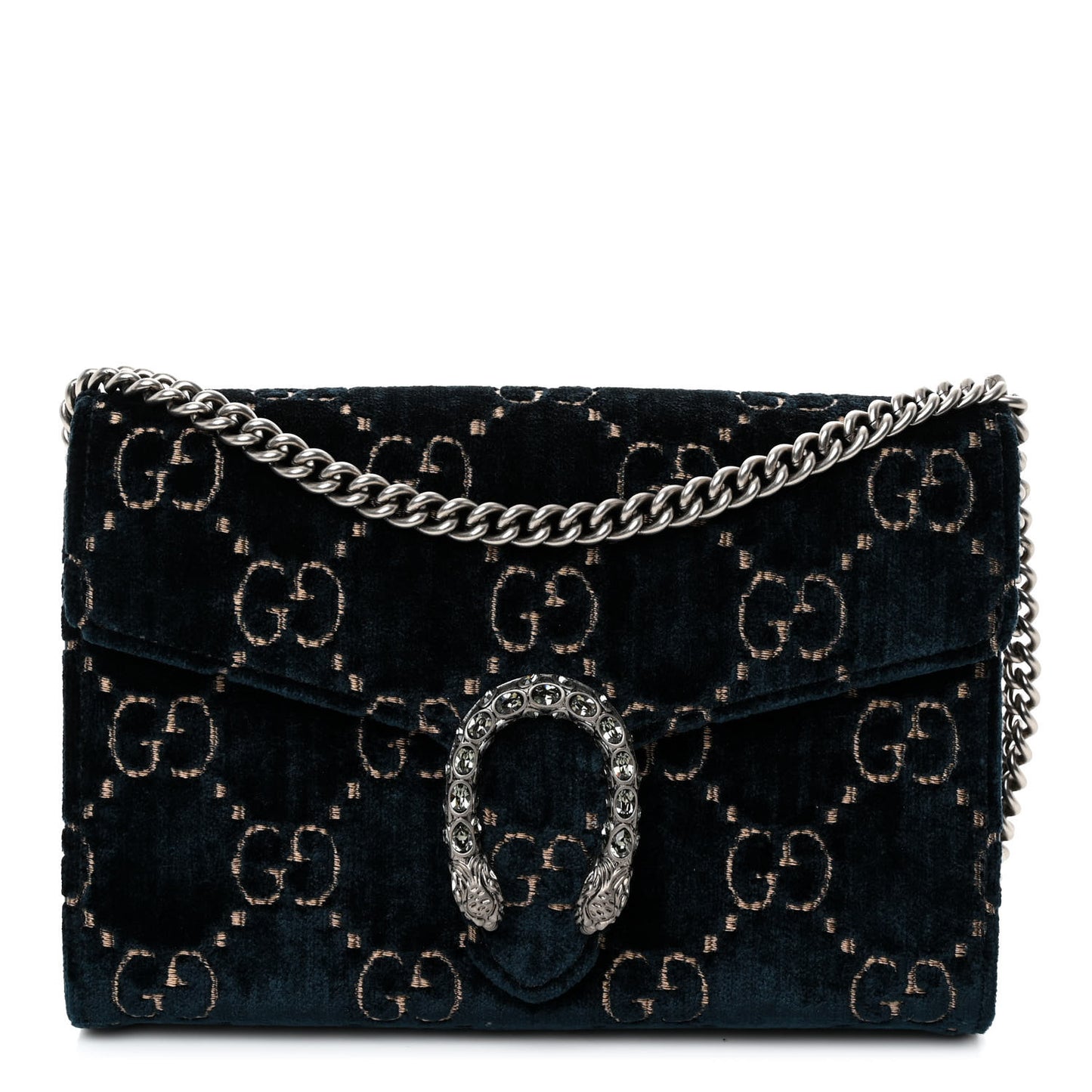 Velvet Crystal GG Monogram Mini Dionysus Chain Wallet Blue Beige Black