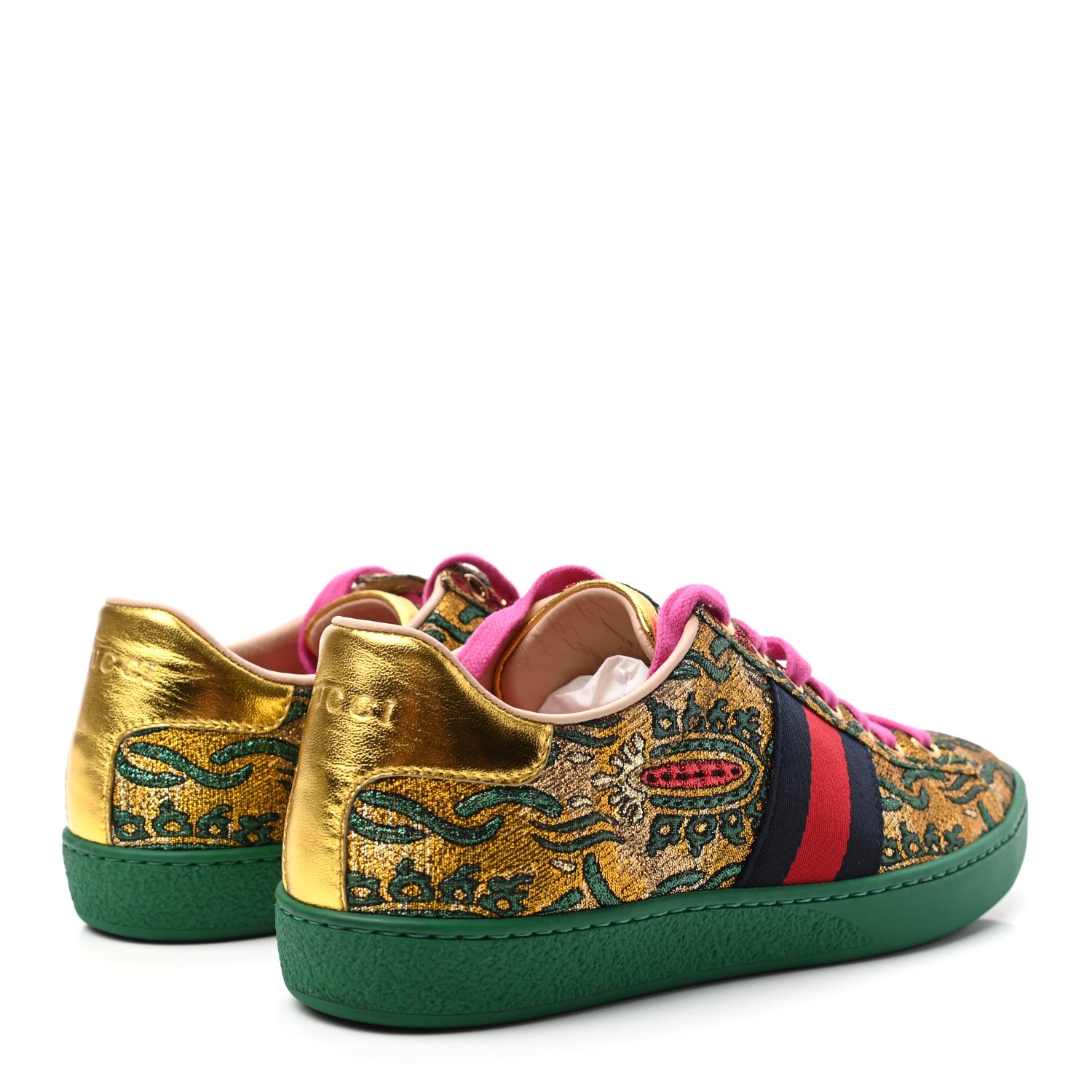 Gucci Jacquard Web Embroidered Womens New Ace Sneakers 35 Gold Green 4 of 9