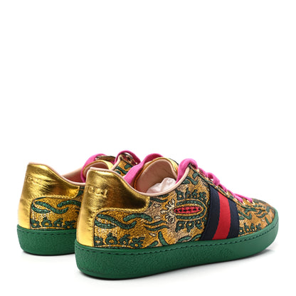 Gucci Jacquard Web Embroidered Womens New Ace Sneakers 35 Gold Green 4 of 9