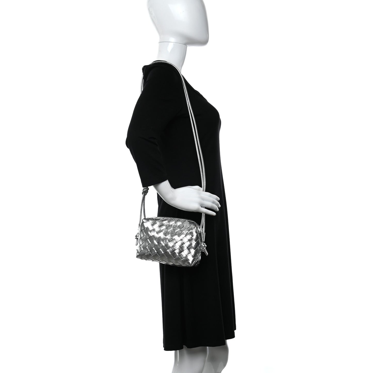 Metallic Calfskin Intrecciato Mini Loop Camera Bag Silver