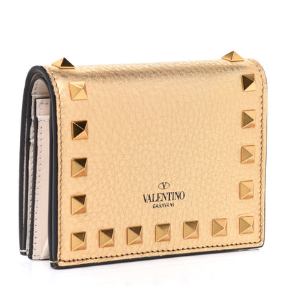 Valentino Garavani Metallic Pebbled Calfskin Rockstud French Flap Wallet Antique Brass 3 of 7