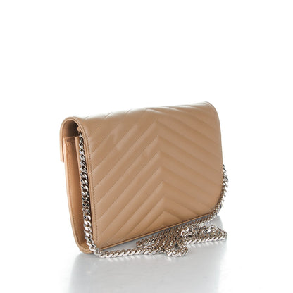 Saint Laurent Grain De Poudre Matelasse Chevron Monogram Chain Wallet Deep Beige 3 of 8