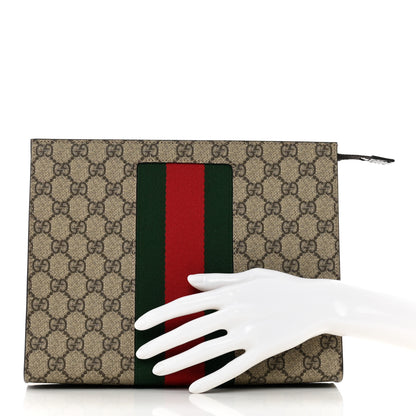Gucci GG Supreme Monogram Selleria Calfskin Web New Web Cosmetic Case Beige Ebony Cocoa 2 of 8