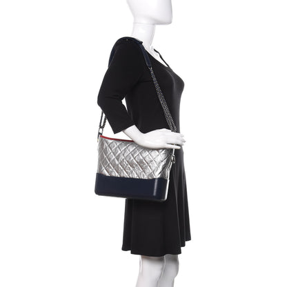 Chanel Metallic Aged Calfskin Quilted Medium Gabrielle Hobo Silver Navy Red 2 of 10