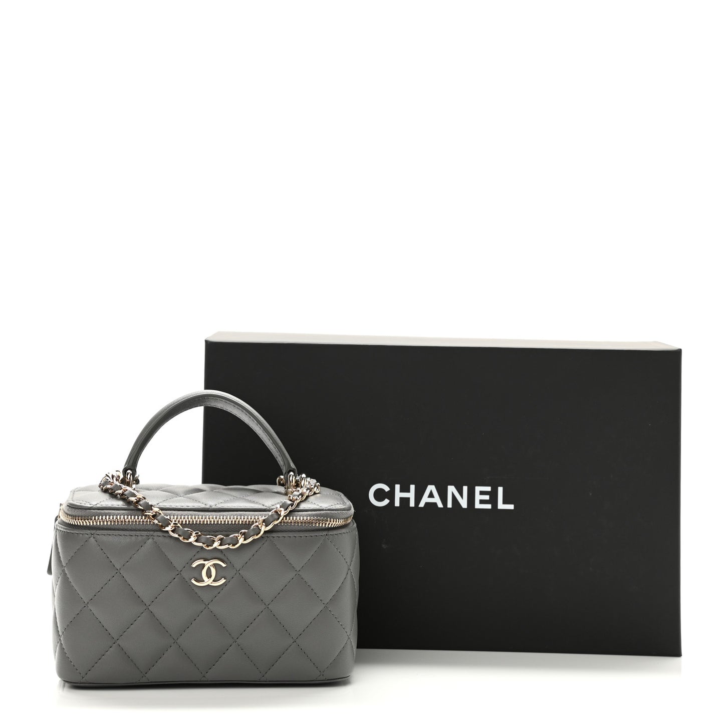 Lambskin Quilted Small Top Handle Vanity Case With Chain Grey