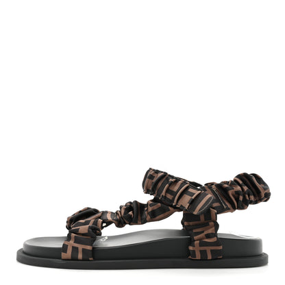 Fendi Satin FF Ruched Sandals 39 Tobacco Black 1 of 8
