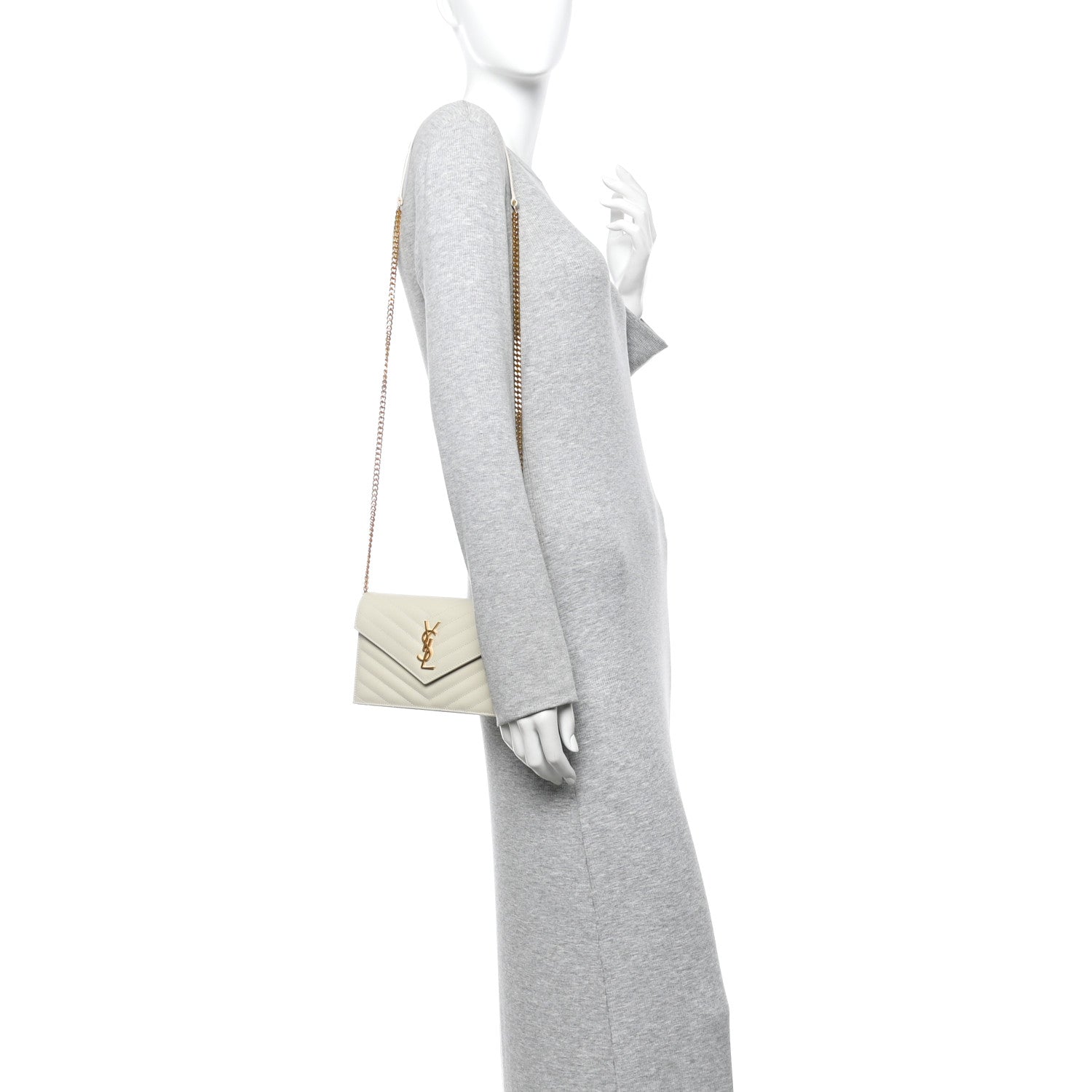 Saint Laurent Grain De Poudre Matelasse Chevron Monogram Envelope Chain Wallet Crema Soft 2 of 7