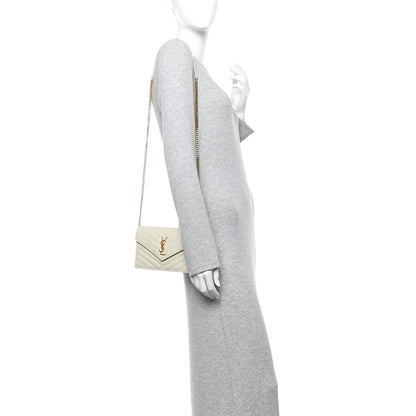 Saint Laurent Grain De Poudre Matelasse Chevron Monogram Envelope Chain Wallet Crema Soft 2 of 7