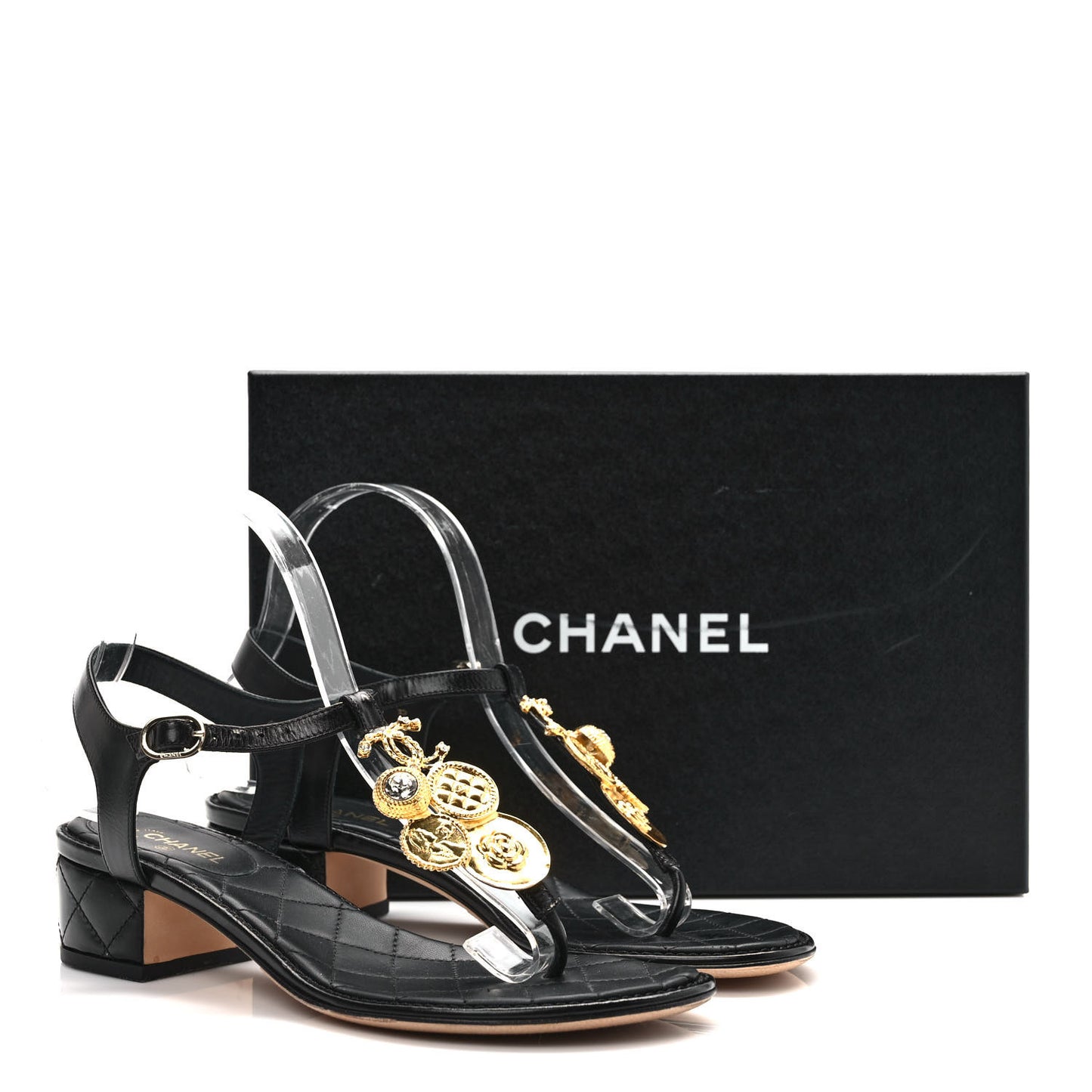 Calfskin Medallion CC Thong Sandals 38.5 Black