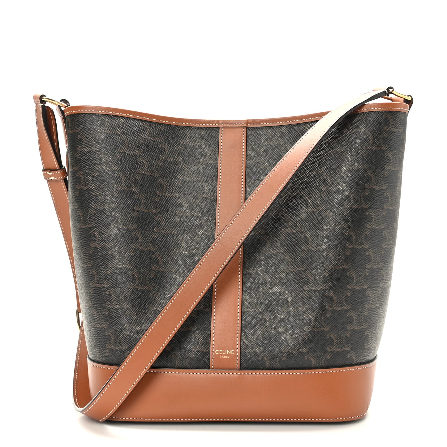 Triomphe Canvas Calfskin Medium Bucket Bag Tan