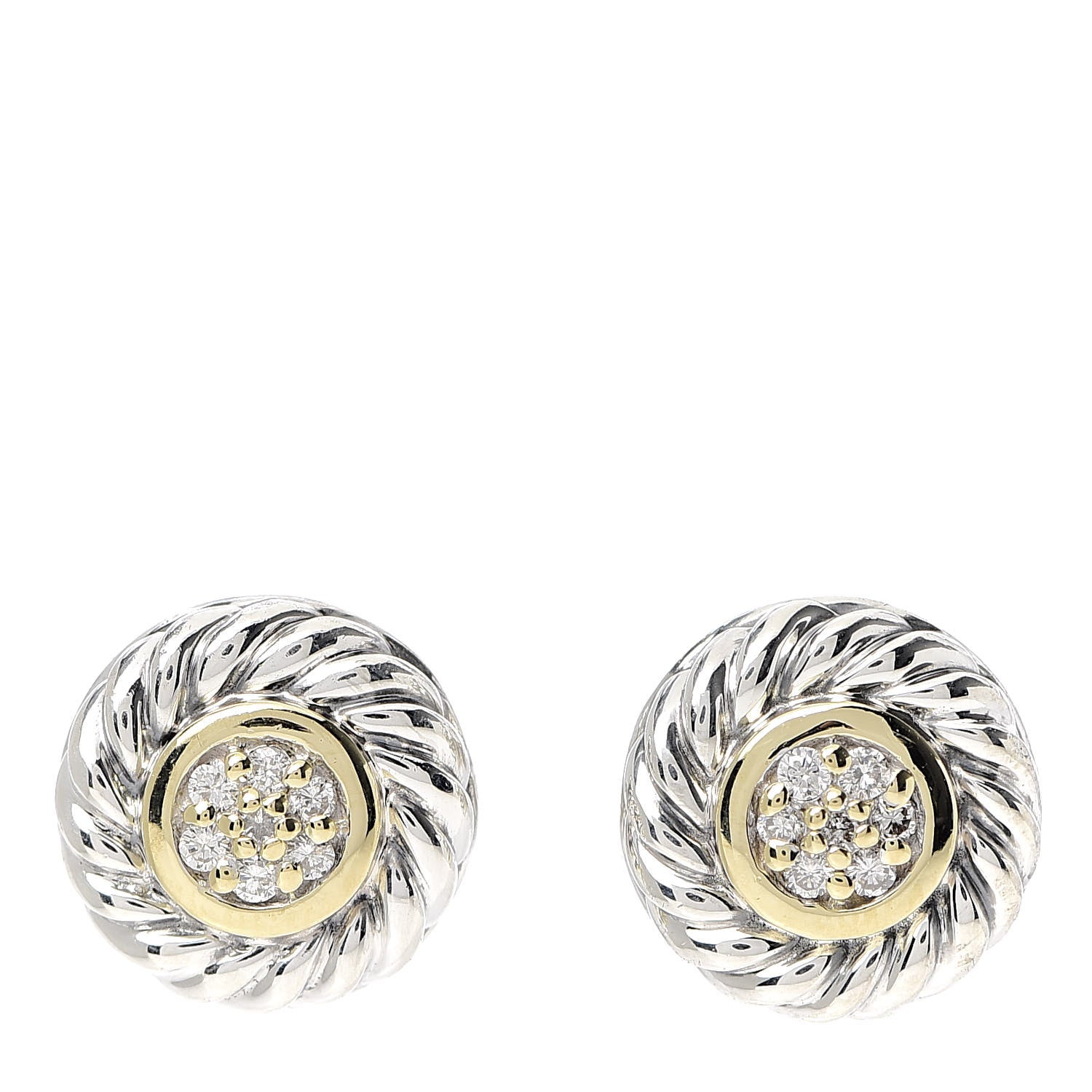 David Yurman Sterling Silver 18K Yellow Gold Diamond Cookie Cable Earrings 1 of 4