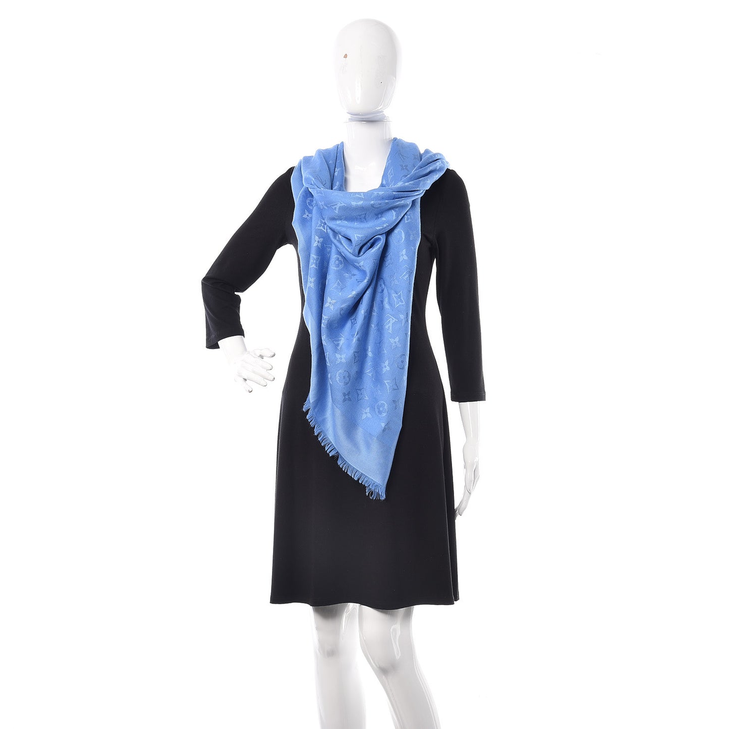 Silk Wool Monogram Shawl Light Blue