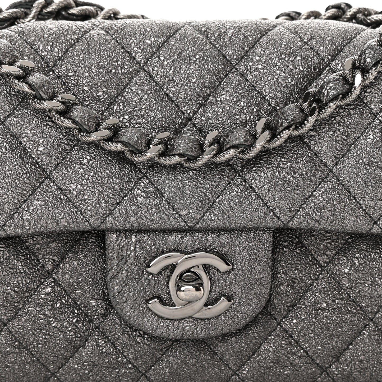 Metallic Crackled Calfskin Quilted East West Flap Dark Silver
