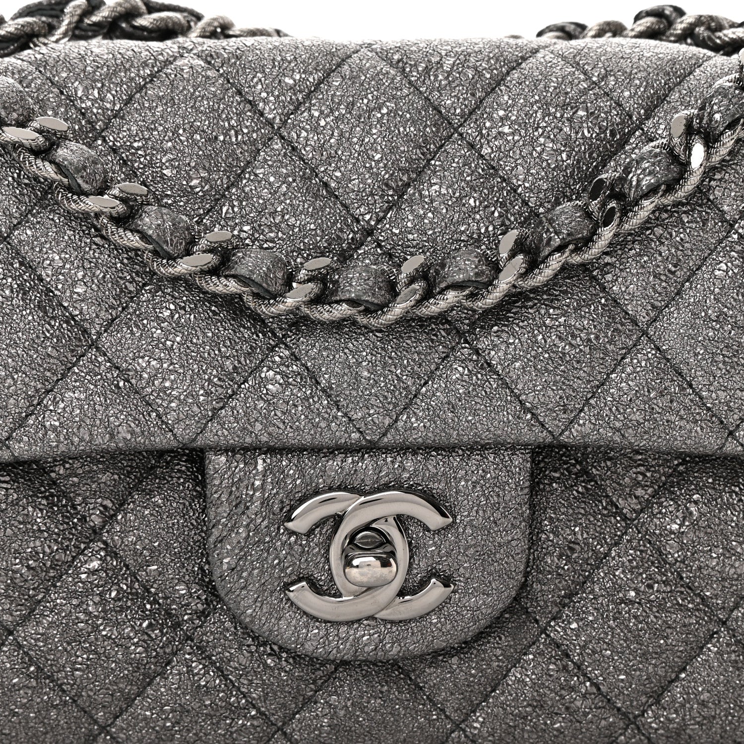 Chanel Metallic Crackled Calfskin Quilted East West Flap Dark Silver 8 of 10
