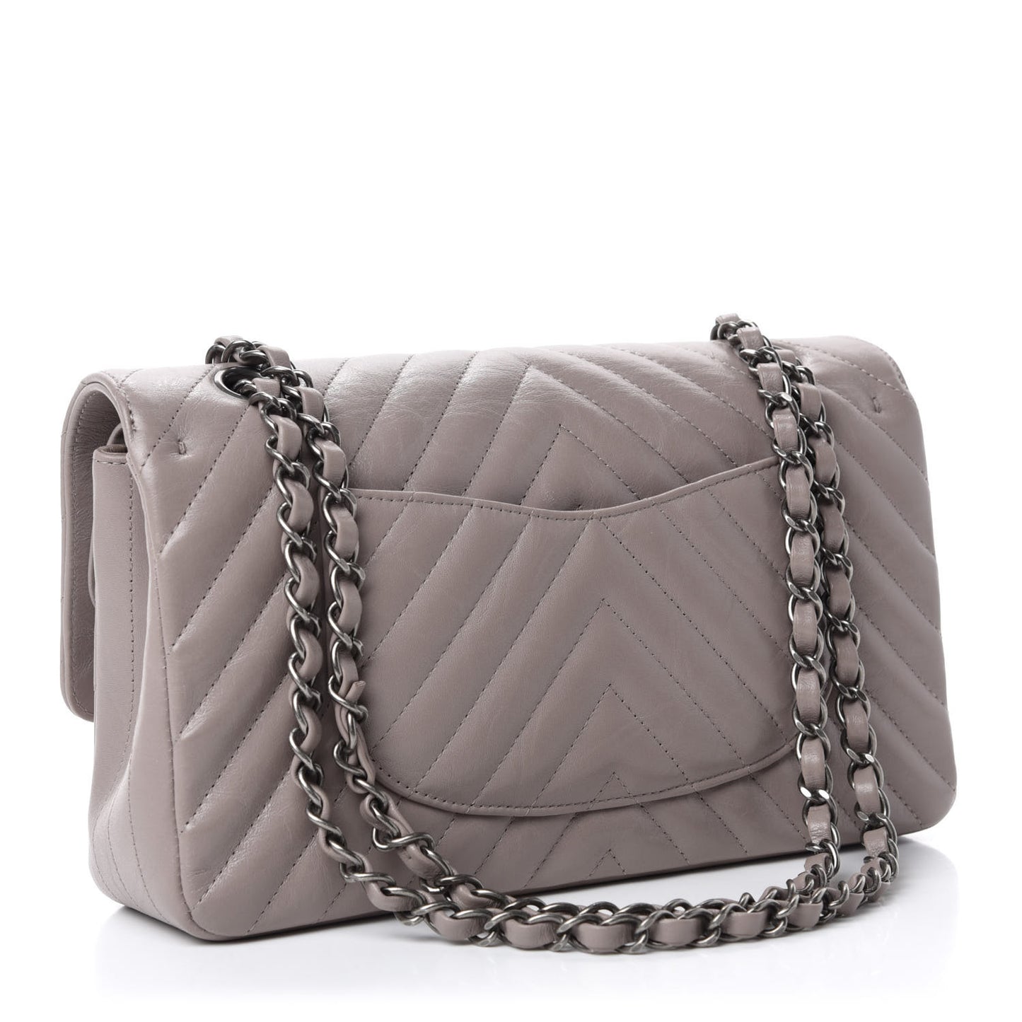 Iridescent Calfskin Chevron Quilted Medium Double Flap Grey