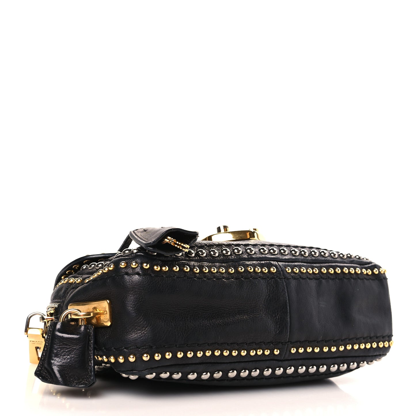 Glace Calf Studded Pushlock Chain Shoulder Bag Black