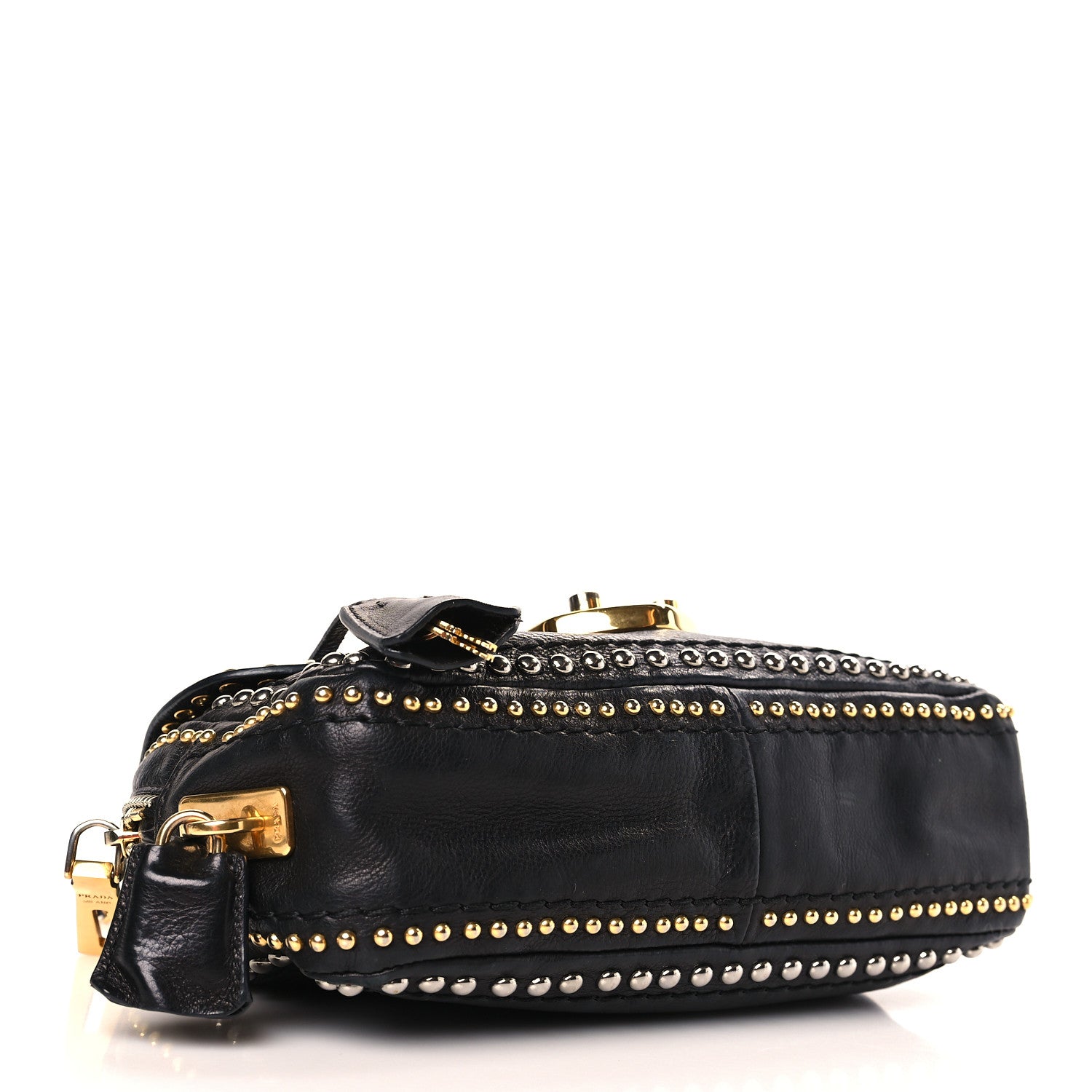Prada Glace Calf Studded Pushlock Chain Shoulder Bag Black 4 of 9