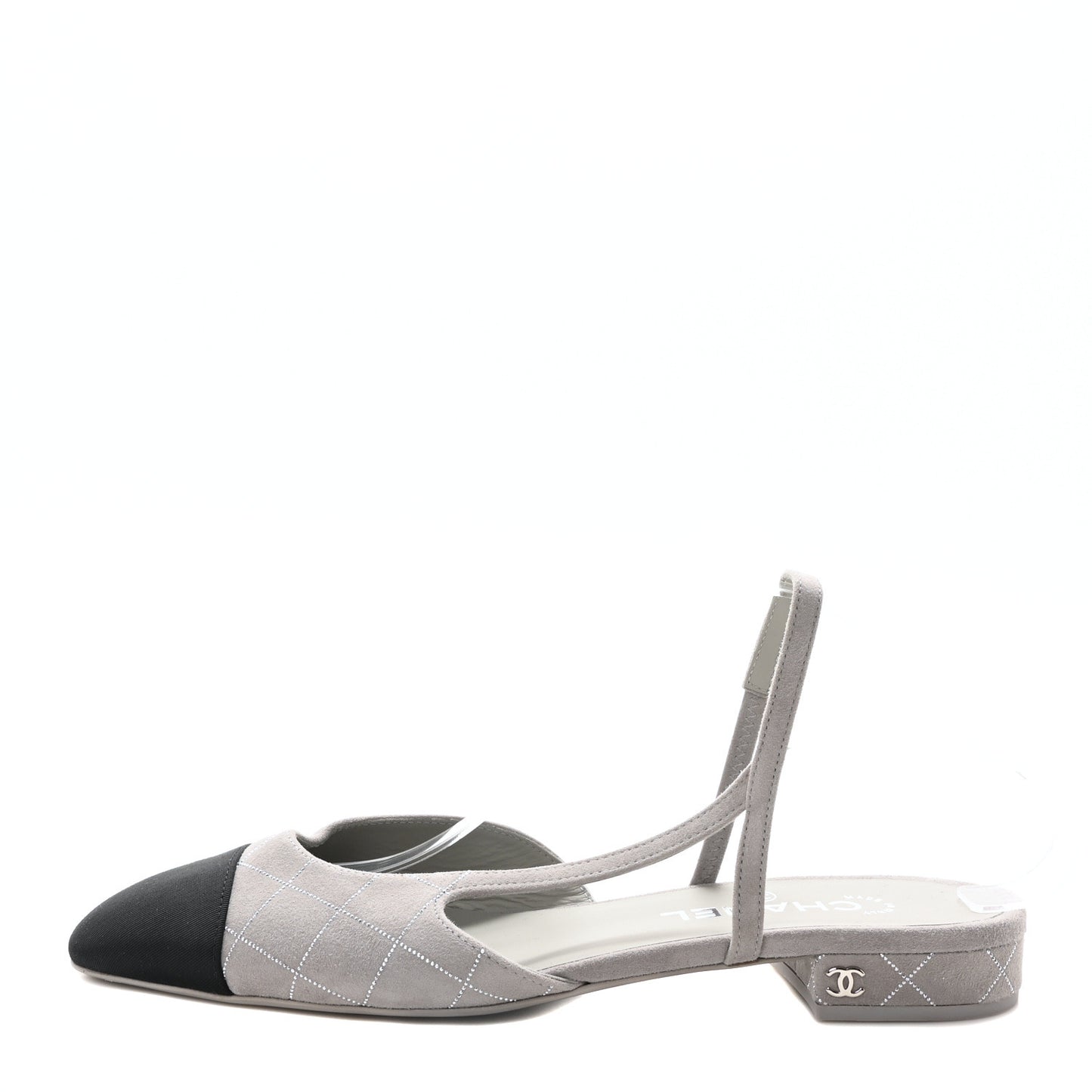 Suede Crystal Grosgrain Cap Toe CC Slingback Flats 40 Gray Silver Black