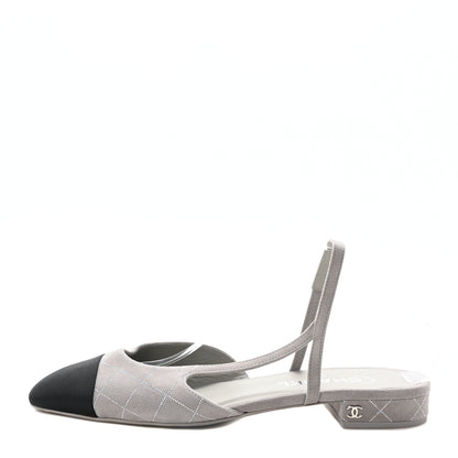Chanel Suede Crystal Grosgrain Cap Toe CC Slingback Flats 40 Gray Silver Black 1 of 9