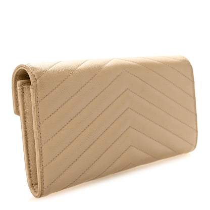 Saint Laurent Grain De Poudre Matelasse Chevron Monogram Flap Wallet Dark Beige 2 of 9
