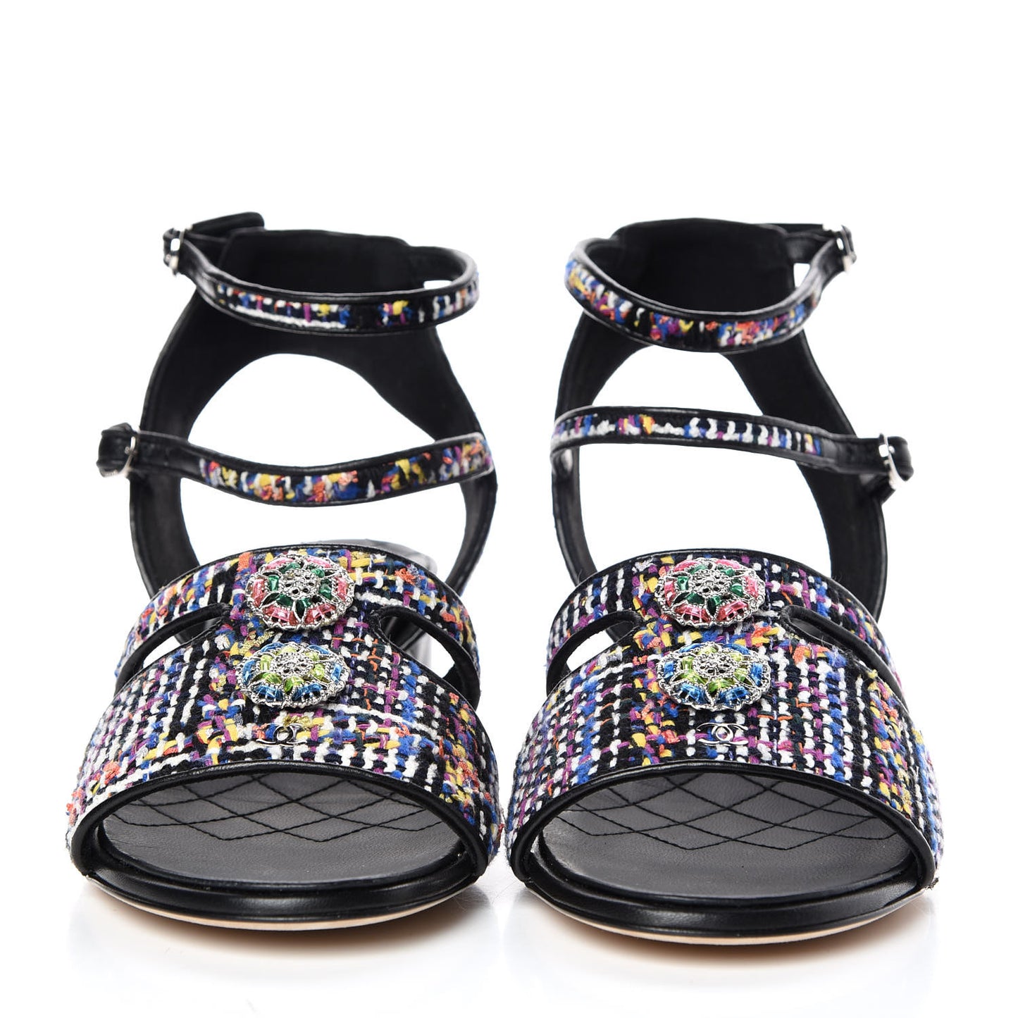 Tweed Lambskin Sandals 39 Black Blue Yellow Fuchsia