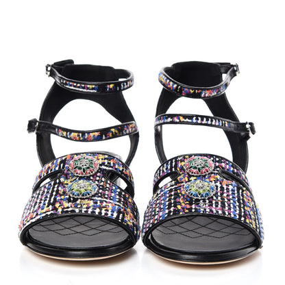 Chanel Tweed Lambskin Sandals 39 Black Blue Yellow Fuchsia 2 of 8