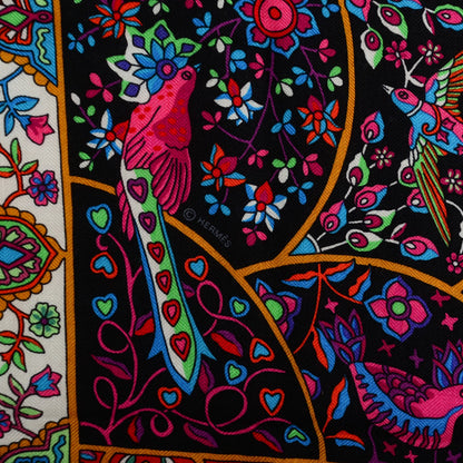 Hermes Cashmere Silk Au Pays De Oiseaux Fleurs Shawl 140 Noir Fuchsia Vert 6 of 6