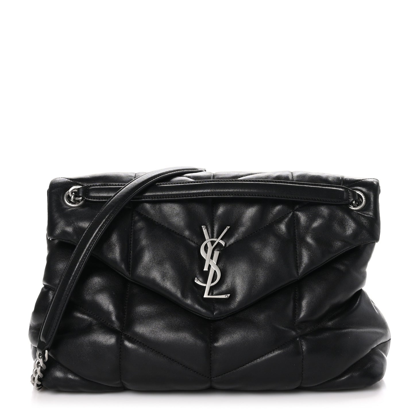 Lambskin Quilted Medium Loulou Puffer Monogram Chain Satchel Black