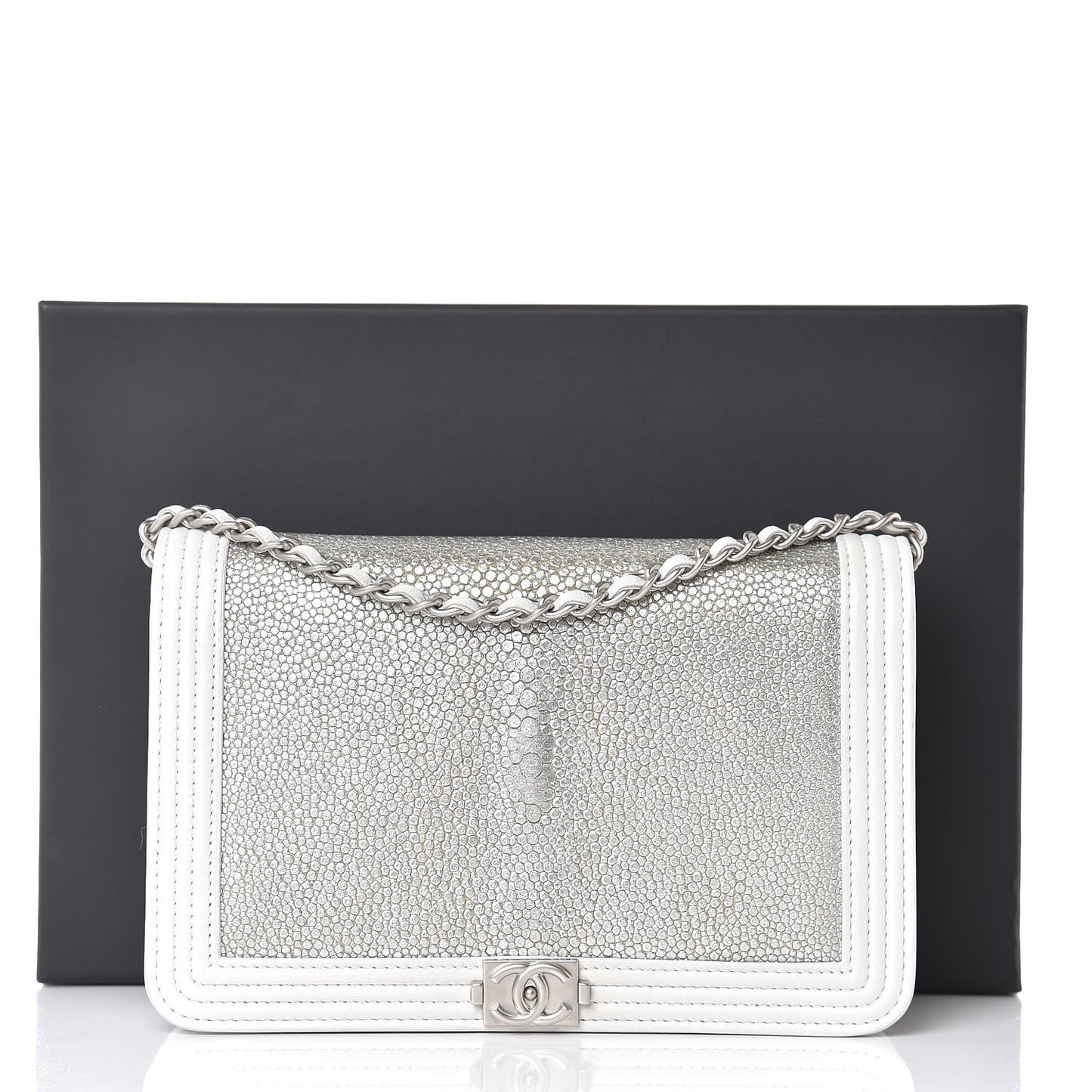Metallic Galuchat Stingray Lambskin Boy Wallet On Chain WOC Silver
