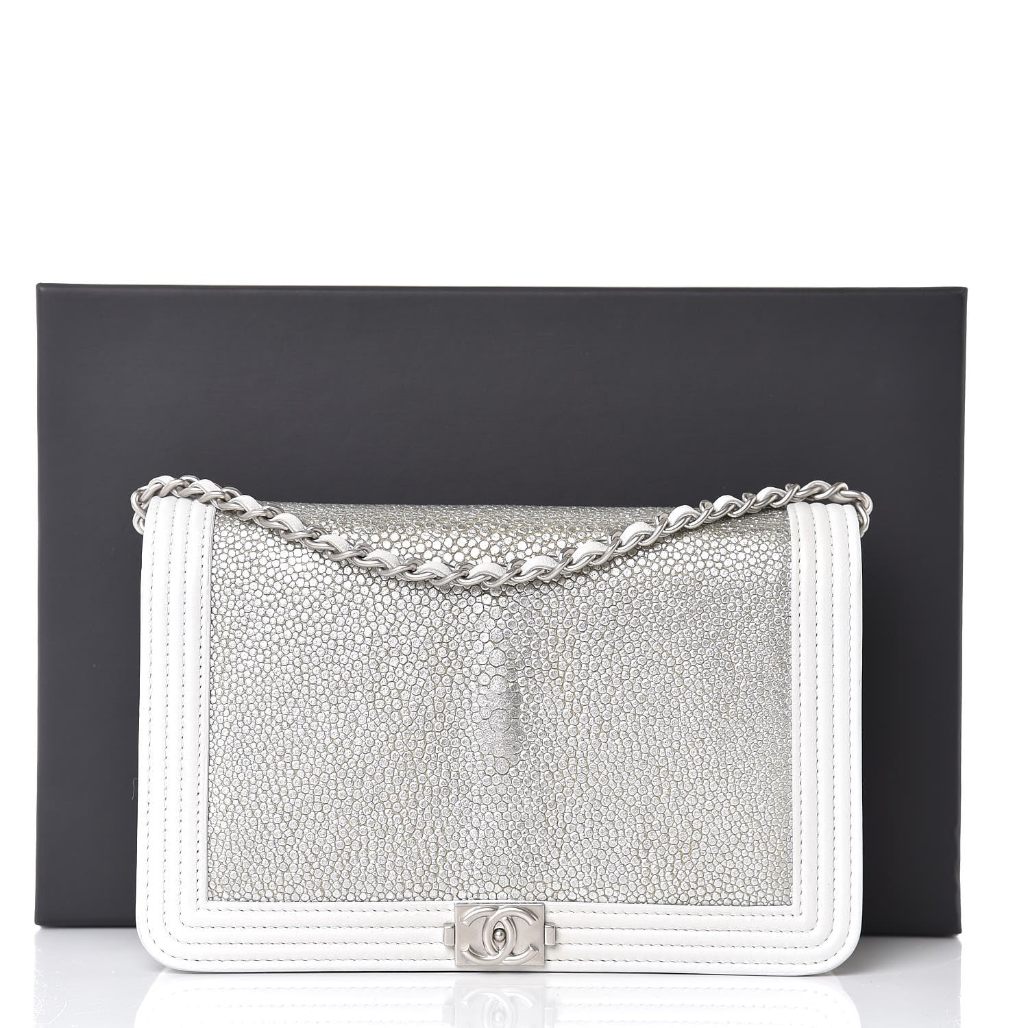 Chanel Metallic Galuchat Stingray Lambskin Boy Wallet On Chain WOC Silver 12 of 12