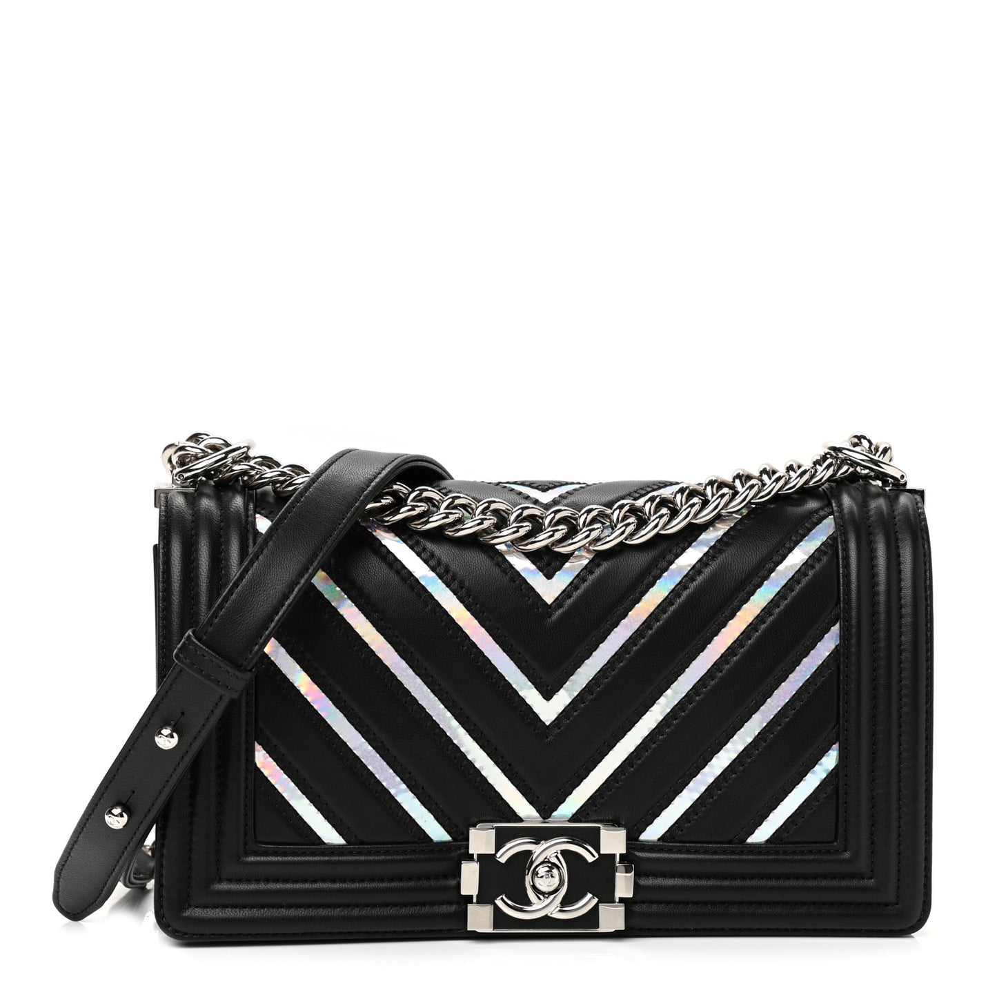 Lambskin Iridescent PVC Chevron Quilted Medium Boy Flap Black Silver