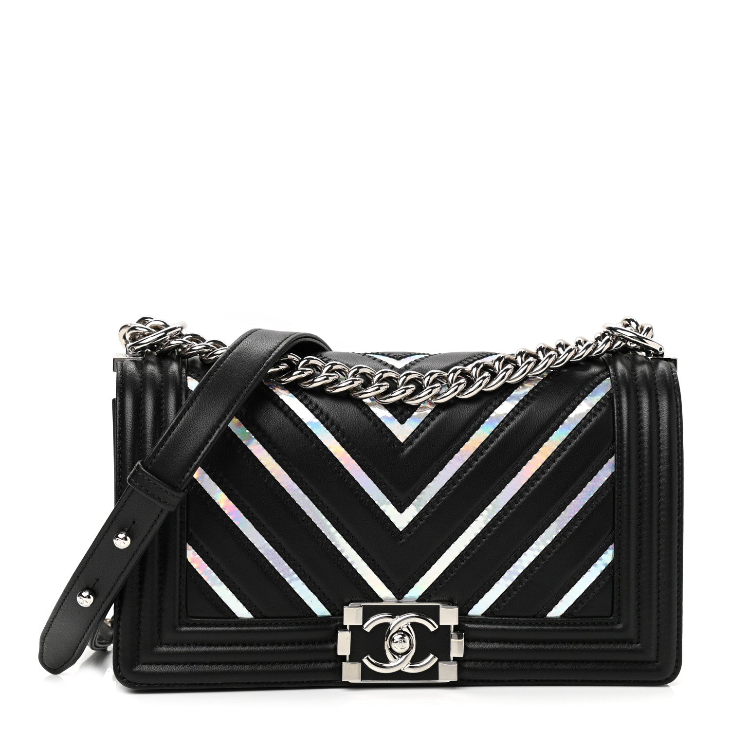 Chanel Lambskin Iridescent PVC Chevron Quilted Medium Boy Flap Black Silver 1 of 10